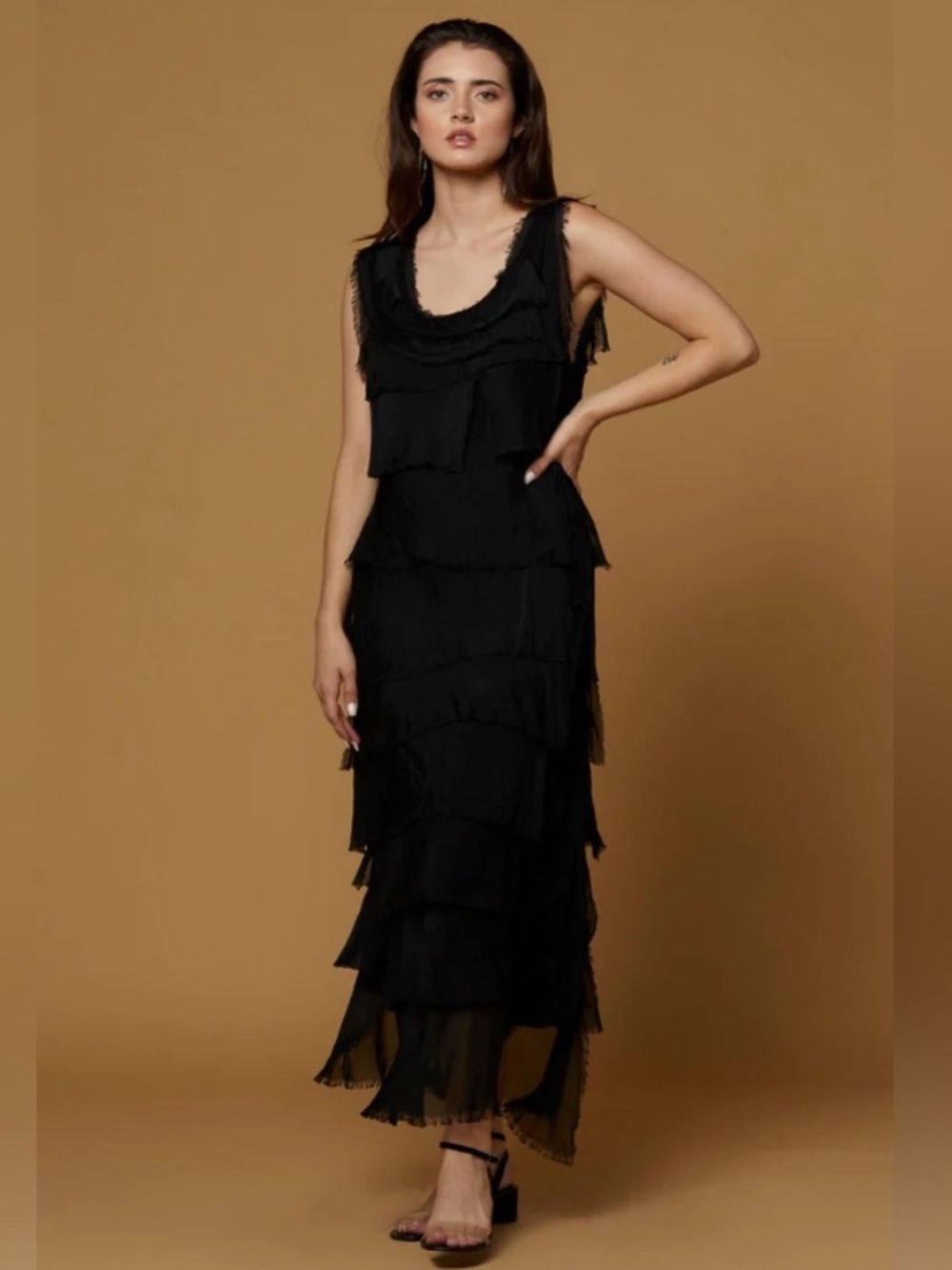 NEW Scandal Italy 100% Silk Fut Dress Black One Size NWT Tiered Neutral Maxi